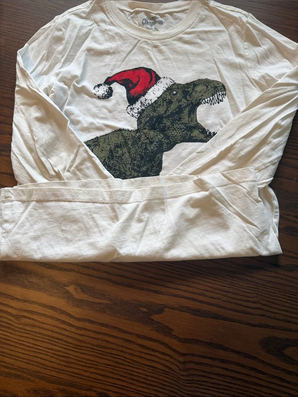 OshKosh B'gosh White Long-Sleeve Dino Tee with Red Santa Hat and Present